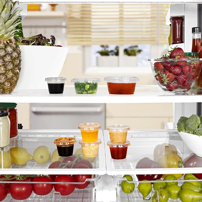EDI [1 OZ, 100 Sets] Clear Disposable Plastic Portion Cups With Leakproof Lids | Jello Shot, Condiment, Dipping Sauce, Souffle Cups | BPA Free | Recyclable