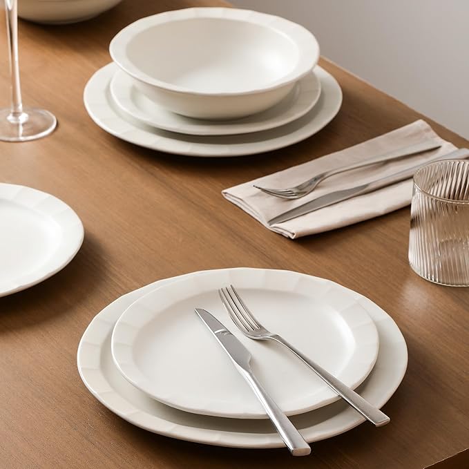 Stone Lain Oasis 12-Piece Dinnerware Set Stoneware, Dishwasher and Microwave Safe Plates and Bowls Set, Dish Set for 4, White