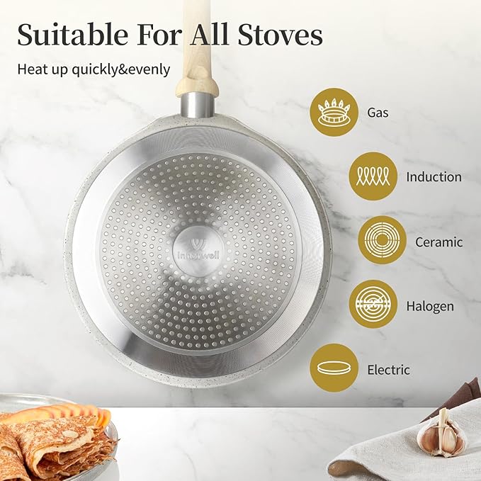 Innerwell 11 inch Nonstick Crepe Pan, Granite Coating Flat Skillet Dosa Tawa Tortilla Pan, White Large Pancake Griddle Comal Pan, Compatible with All Stovetops, PFOA Free