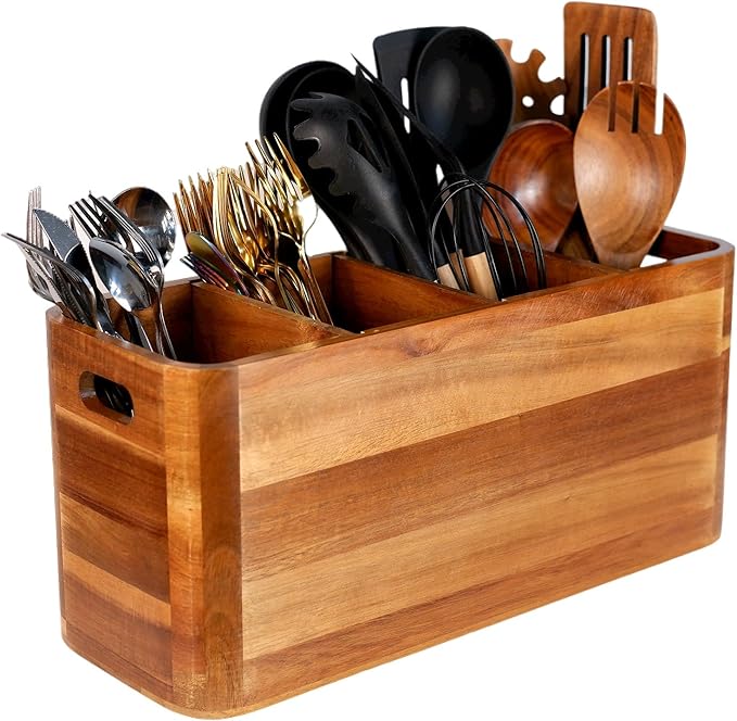 Wooden Kitchen Utensil Holder Organizer for Counter or Countertop, Large Wooden Utensil Holder for Storage Cooking and Silverware with 4 Compartment, Acacia Rustic Wood Container Extra Large