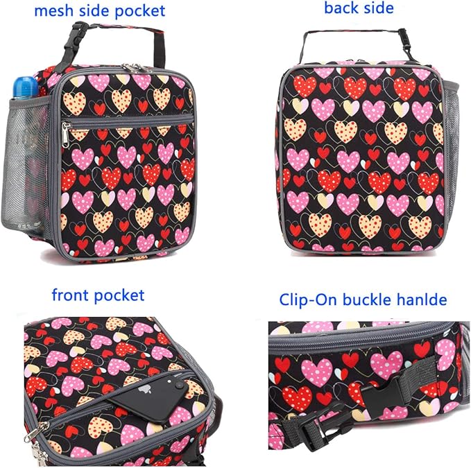 FlowFly Kids Lunch box Insulated Soft Bag Mini Cooler Back to School Thermal Meal Tote Kit for Girls, Boys, Heart