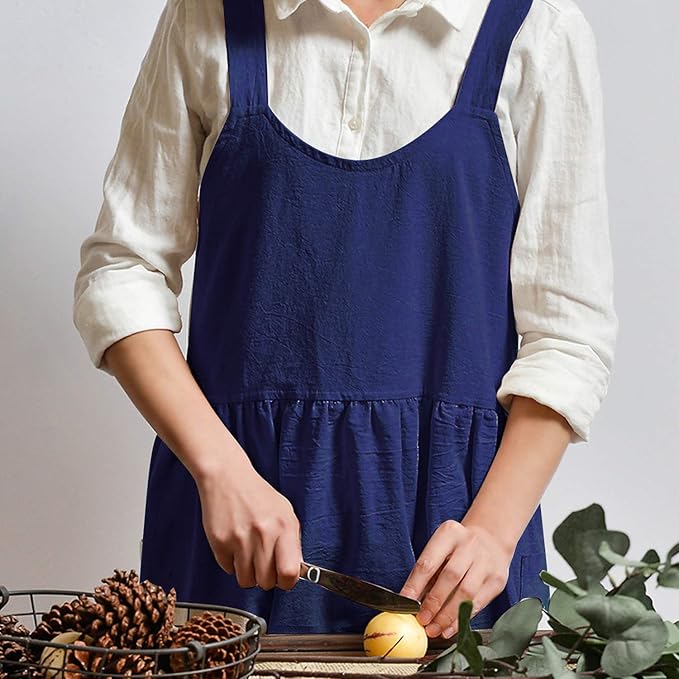 Uaussi Cotton Linen Apron Cross Back Work Apron for Women with Pockets Pinafore Dress X Cross Halter Apron for Chef Gardening