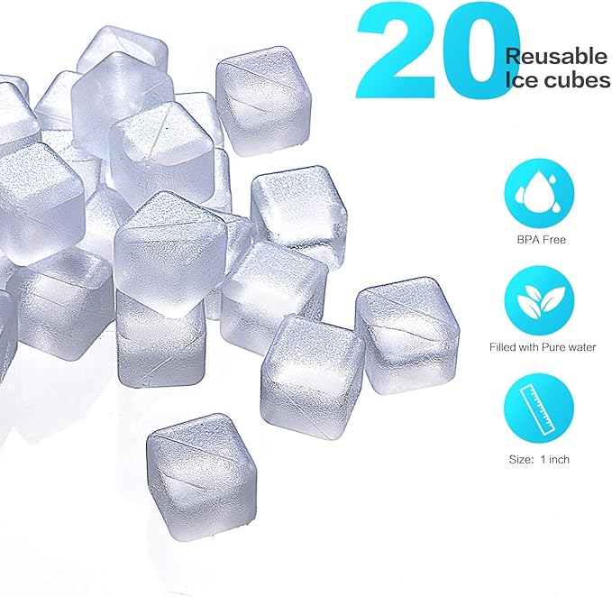 Reuable Ice Cube for Drinks - White Clear Plastic Ice Cube to Keep Drink Cool Longer Filled With Pure Water (20 Packs)
