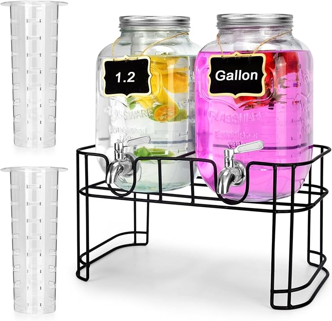 DD&HAPP Glass Drink Dispensers For Parties. 1.2 Gallon Beverage Dispensers With Stand And Stainless Steel Spigot .Lemonade Dispenser With Ice Cylinder.Mason Jars,Laundry Detergent Dispenser.