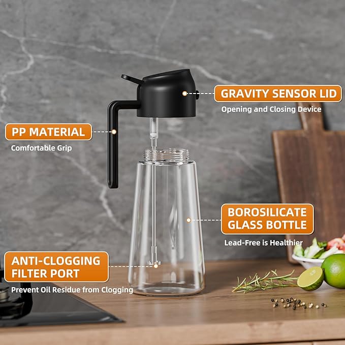 Marbrasse Oil Dispenser for Kitchen,20 OZ /600ml Leakproof Glass Oil Bottle Olive Oil Container with Auto Flip Cap for Kitchen Cooking (Black)