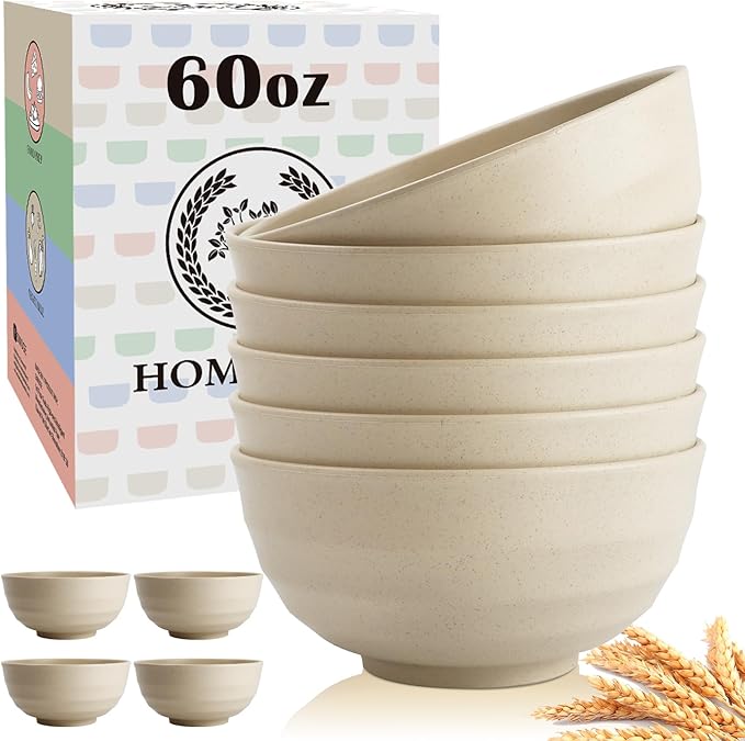 Homienly Unbreakable Large Salad Bowls Set of 6, 60oz Large Wheat Straw Bowls for Cereal, Salad & Pho, Ideal for RV & Camping, Microwave Safe Alternative to Plastic Bowls - Beige