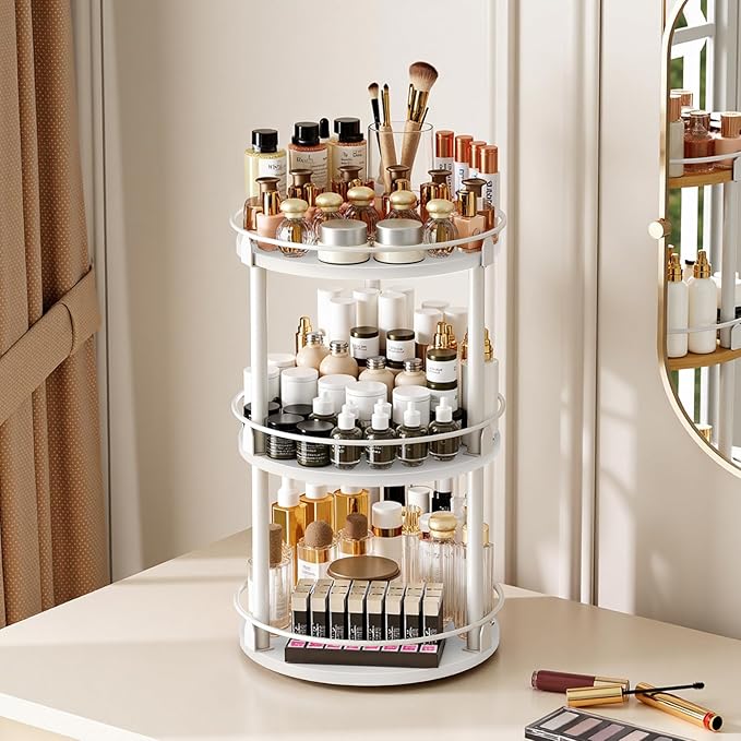 Lazy Susan Organizer, Rotating Spice Rack, 3 Tier Spice Turntable Organizer, Industrial Turntable Spice Holder, for Kitchen Countertop and Cabinet, Compact and Versatile, White SR23WW