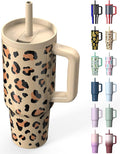 TILUCK 40 oz Tumbler with Handle, Vacuum Insulated Stainless Steel Travel Mug with 100% Leak-Proof Silicone Straw Lid, Cupholder Friendly Water Bottle(Leopard, 40oz)