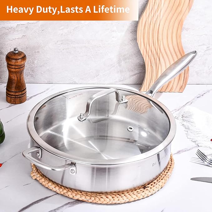 DELARLO Tri-Ply Stainless Steel Frying Pan,12 inch Skillet with Lid,6 Quart Saute Pan,Compatible with All Cooktops,Oven Up to 660℉,Chicken Fryer,Dishwasher-Friendly