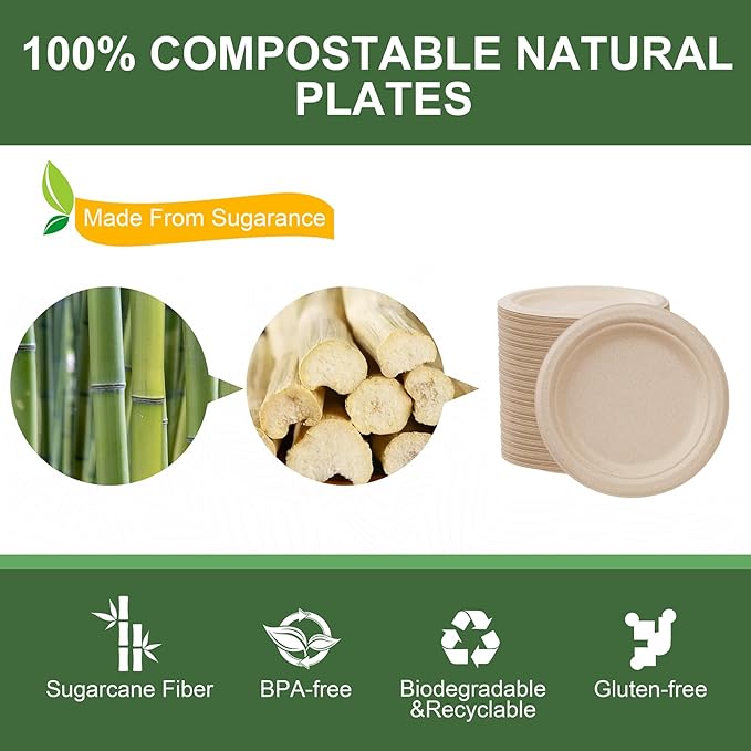 WELLIFE 7 Inch Paper Plates, 125-Pack Small Dessert Paper Plates Bulk, 100% Compostable Biodegradable Bagasse, Eco-Friendly Disposable Plate for Dessert,BBQ,Picnic,Party (BPI Certified,Microwaveable)