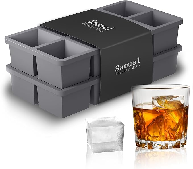 Samuelworld Large Silicone Ice Cube Tray Molds, 2-Pack, Big 2 Inch Cubes - Food Grade, Flexible, 8 Cavity Easy Release Slow Melting Ice for Whiskey, Cocktails, Gifts & Christmas - Grey