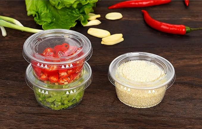 EDI Clear Disposable Plastic Portion Cups with Leakproof Lids - 50 Sets, 3.25 OZ, BPA Free, Recyclable - Jello Shot, Condiment & Dipping Sauce, Souffle Cups