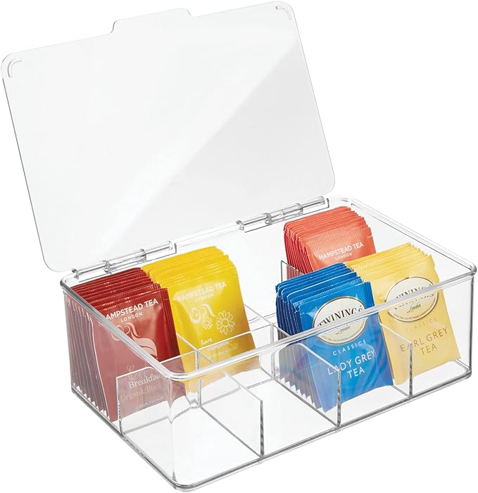 mDesign Tea Bag Single Serve Pouch Divided Box Holder Organizer, Clear
