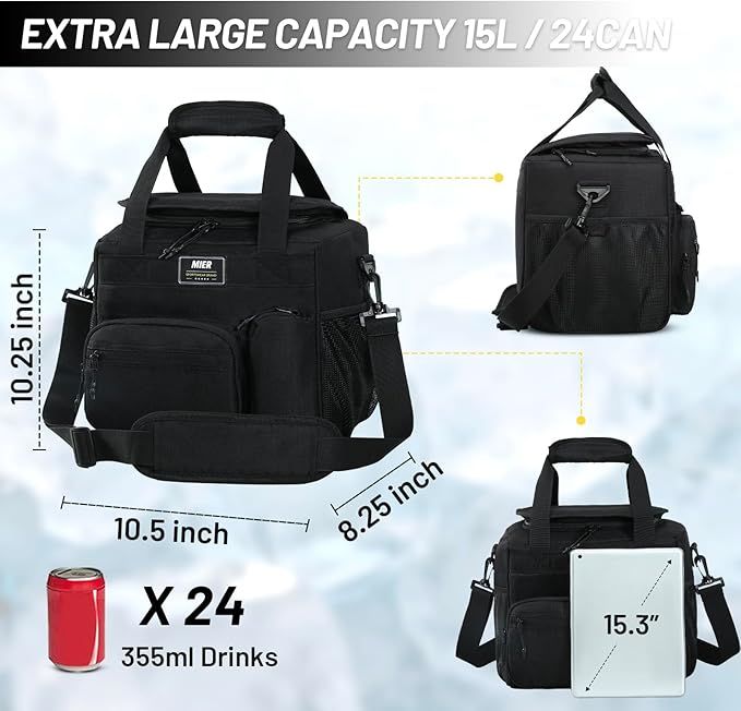 MIER Large Lunch Box for Men Women Adult Insulated Soft Sided Cooler 24 Can Leakproof Lunch Bag Collapsible for Work Travel Camping Beach, 15L (Black-No Luggage Strap)