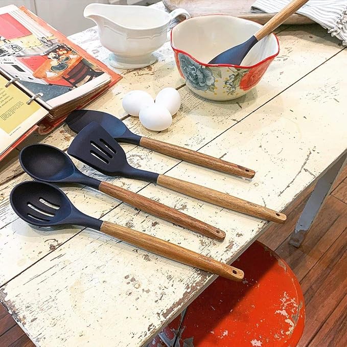 Miusco Non-Stick Silicone Kitchen Utensils Set with Natural Acacia Hard Wood Handle, 5 Piece, Midnight Blue, BPA Free, Baking & Serving Silicone Cooking Utensils
