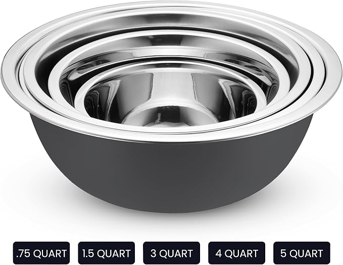 WHYSKO Stainless Steel Mixing Bowl Set, 10 Piece Stainless Steel Mixing Bowls with Lids Set for Food Prep Storage and Serving, Dishwasher Safe for Kitchen Baking Cooking, Grey