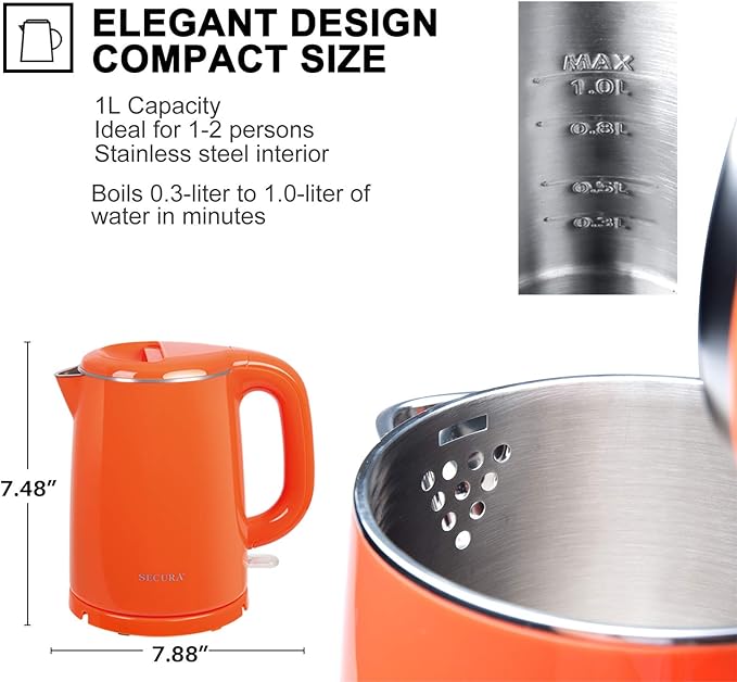 Secura Stainless Steel Double Wall Electric Kettle Water Heater for Tea Coffee w/Auto Shut-Off and Boil-Dry Protection, 1.0L (Orange) SWK-1001DO/HB-K012