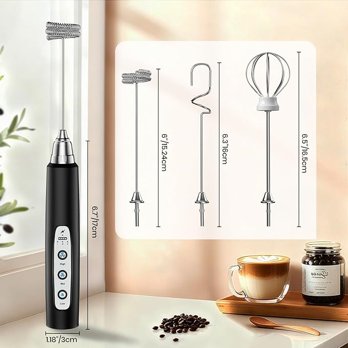Milk Frother Handheld Rechargeable, Frother Wand Drink Mixer Electric Whisk for Coffee, Detachable With 3 Stainless Whisks, Hand Mixer for Lattes, Cappuccino, Matcha, Egg, No Stand,Black