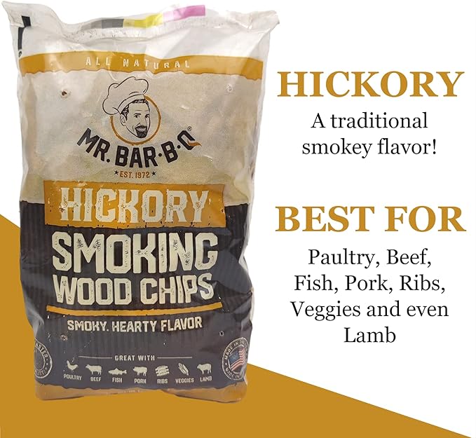 Mr. Bar-B-Q Hickory Wood Smoking Chips, 100% All Natural Wood Chips for Smokers, Works with Smoker, Gas, Electric Grill, Smoky & Fruity Flavor for Picnics, Grilling, Smoker, BBQ & Camping (1.8 Lb Bag)