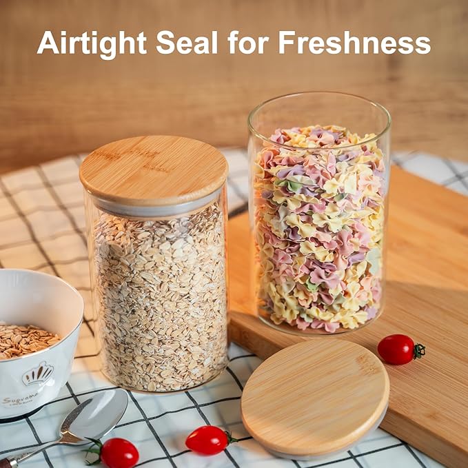 Liuruiyu Glass Food Storage Jars Set of 8,26oz-Glass Storage Containers Clear Glass Food Canister with Bamboo Lid Airtight For Serving Tea, Coffee, Flour,Candy, Cookie, Spice(Round-80CMx150CM)