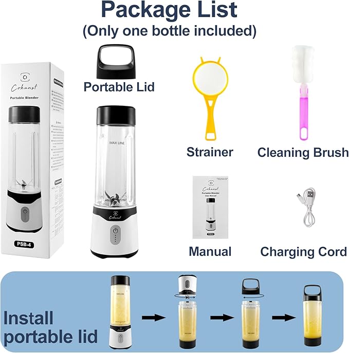 COKUNST Portable, 18 oz Personal for Smoothies and Shakes, USB Rechargeable Small with Powerful 6 Blades, Mini Single Cup with Extra Lid for Travel Gym Kitchen - Black