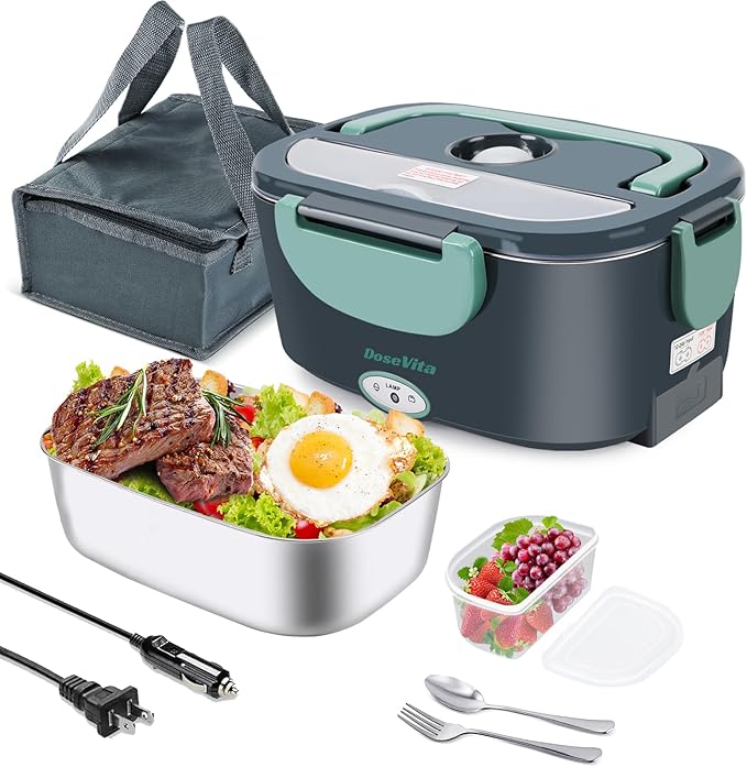Electric Lunch Box for Adults, 80W Heated Lunch Box, 1.5L Stainless Steel Container | 12V/24V (Car/Truck) & 110V (Office/Home) | with Fork&Spoon and Insulated Carry Bag