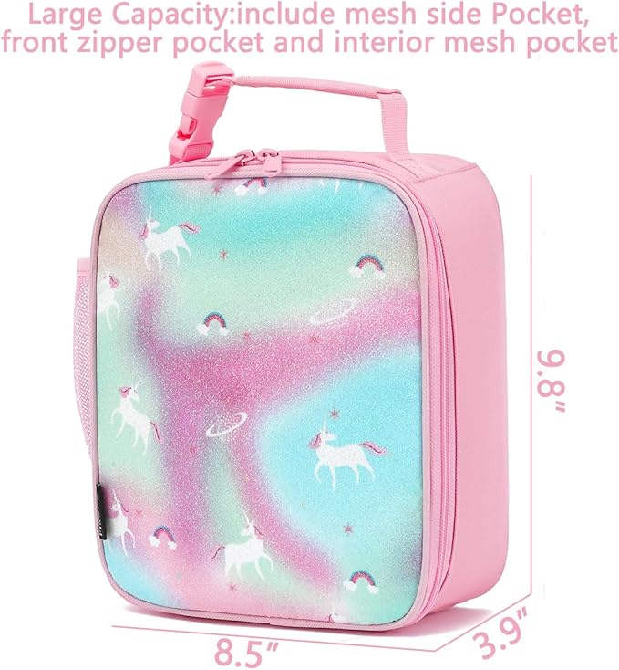 FlowFly Kids Lunch box Insulated Soft Bag Mini Cooler Back to School Thermal Meal Tote Kit for Girls, Boys, Glitter-Unicorn