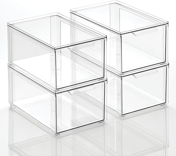 mDesign Plastic Pantry Organization and Storage Bin w/Pull Out Drawer - Stackable Kitchen Supplies Storage Container for Organizing Cabinet, Fridge, Freezer - Lumiere Collection - 4 Pack, Clear