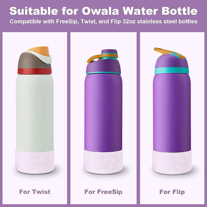 2PCS Silicone Water Bottle Boot for Owala 32oz, Protective Bottom Bumper Anti-Slip Sleeve for FreeSip, Twist, and Flip Stainless Steel Bottles, Dishwasher Safe and BPA Free(Shiny Purple Pink)