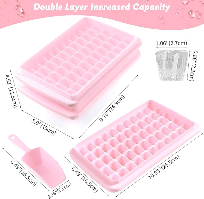 2 Pack Ice Cube Tray with Lid and Bin for Freezer, Easy Release 55 Nugget Ice Tray with Cover, Storage Container, Scoop. Perfect Small Ice Cube Maker Tray & Mold. Flexable Durable Plastic, BPA Free