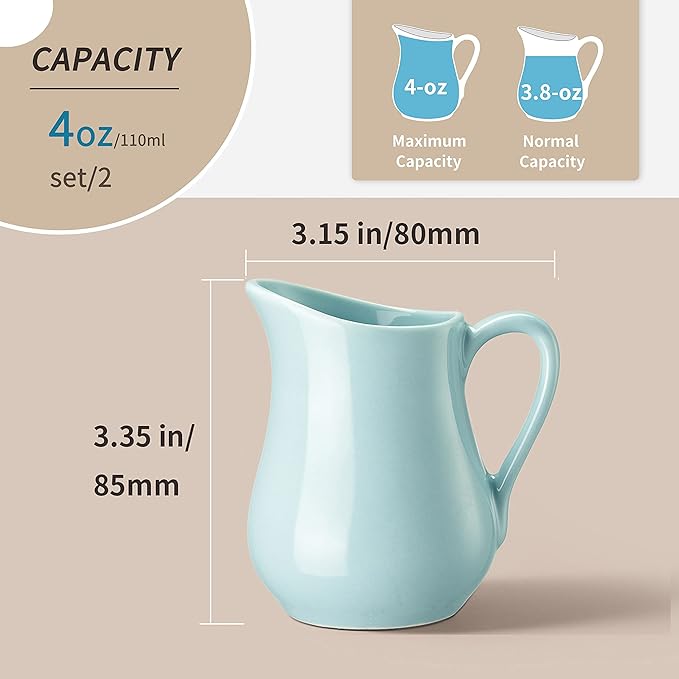 Gurygo 4 Ounce (Set/2) Creamer Pitcher with Handle, Small Classic White Fine Porcelain Creamer Container, Small Ceramic Pitcher for Coffee Milk, Microwave & Freezer Safe (Turquoise)