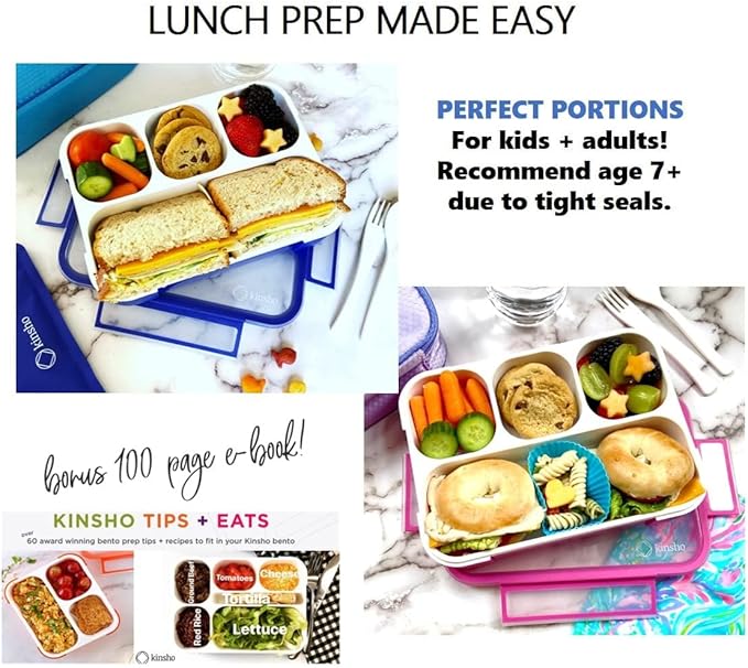Bento Lunch-Box for Kids and Adults: Lunch Boxes with 4 Sealed Compartments, Divided Containers for Boys Girls Women Men - School Work Portion Container, Utensils, Blue + Rose Pink 2 pack Set