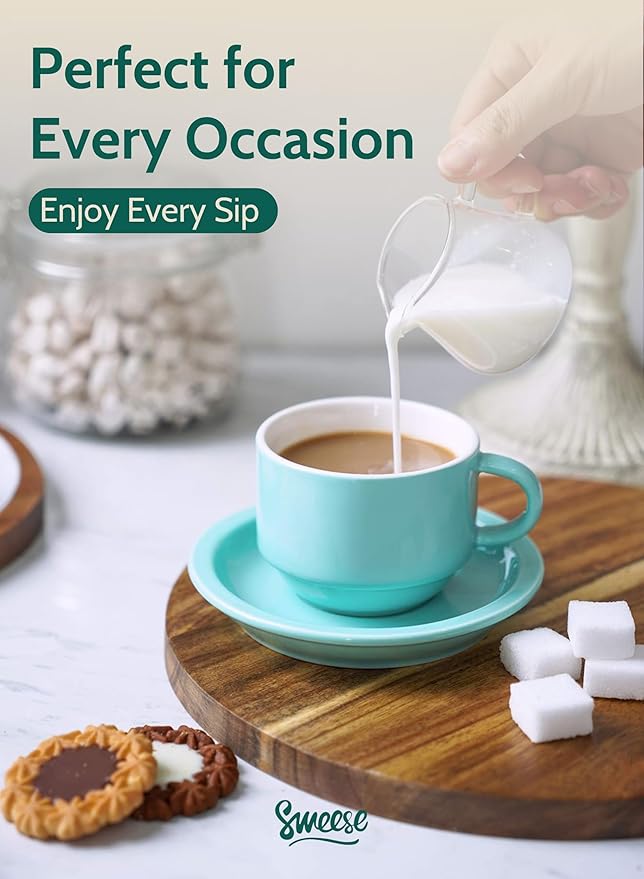 Sweese 4 Ounce Porcelain Stackable Espresso Cups with Saucers and Metal Stand Set of 4, Turquoise