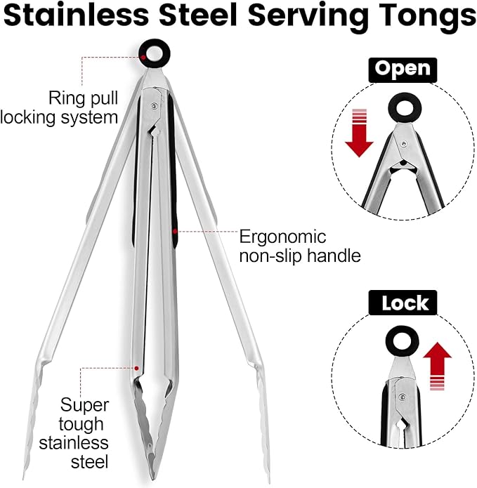 Chengu 12 Pack Stainless Steel Kitchen Tongs 7/9/12 Inches Food Serving Clip Kitchen Cooking Tongs High Heat Resistant Clips for Cooking Non Stick Locking Grill Salad (Black)