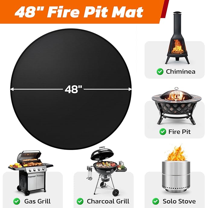 48" Heavy-Duty Fire Pit Mat for Solo Stove Bonfire: Round Fireproof Under Grill Mat Heat Insulated Indoor Fireplace Pad Protector for Decks, Patios, Grass, BBQ Smoker, Reusable Oil-Proof & Waterproof