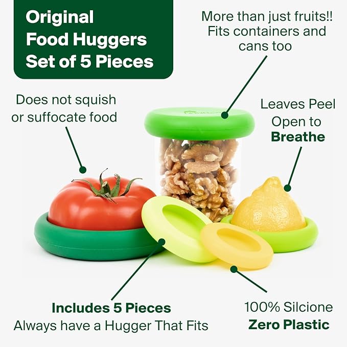 Food Huggers 5pc Reusable Silicone Food Savers | BPA Free & Dishwasher Safe | Fruit & Vegetable Produce Storage for Onion, Tomato, Lemon, Banana, Cans & More | Round, Fresh Greens