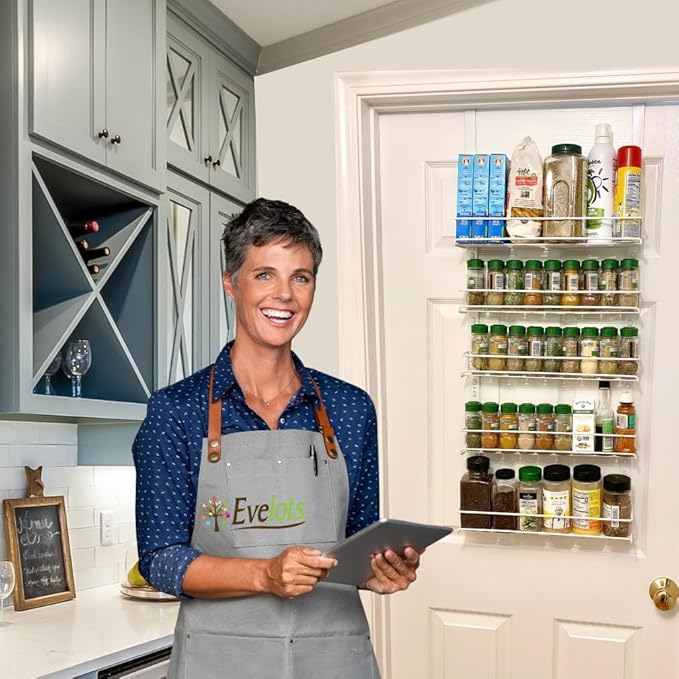 Evelots Over the Door Pantry Organizer -5 Tier Spice Rack -Holds up to 40 Spices & More - Adjustable Metal Baskets for Kitchen, Bathroom Storage & Organization (White) Easy Install Extra Deep Baskets