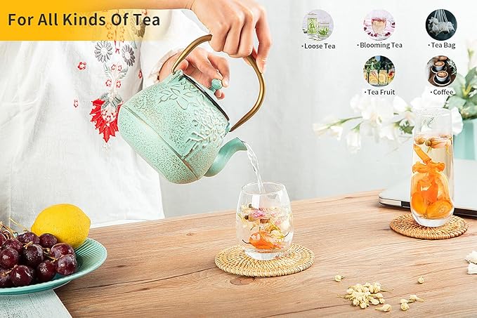 Tea Kettle, TOPTIER Japanese Cast Iron Tea Kettle with Infuser for Loose Leaf and Tea Bags, Stovetop Safe Cast Iron Teapot Coated with Enameled Interior for 40 oz (1200 ml), Turquoise Blue