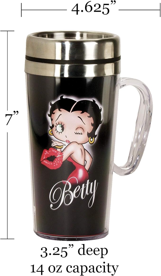 Spoontiques - Insulated Travel Mug - Betty Boop Kiss Coffee Cup - Coffee Lovers Gift - Funny Coffee Mug - 14 oz - Black, 1 Count (Pack of 1)