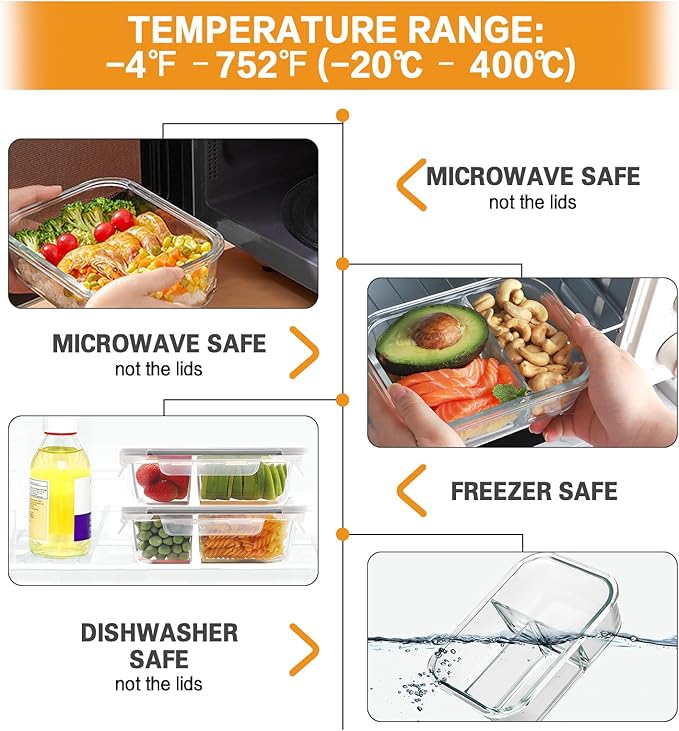 Bayco 9 Pack Glass Meal Prep Containers - 3, 2 & 1 Compartment Glass Food Storage Containers with Lids, Airtight & Leak Proof BPA-Free Lunch Bento Boxes - Grey