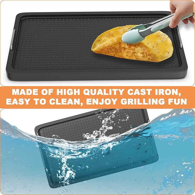 Cast Iron Griddle for Gas Grill Universal, 15" x 8.7" Griddle Pan for Stove Top with Handle, Grill Griddle, Stove Top Griddle for Charcoal/Gas/Electric Grills, Cast Iron Grill Pan for Outdoor/Camping