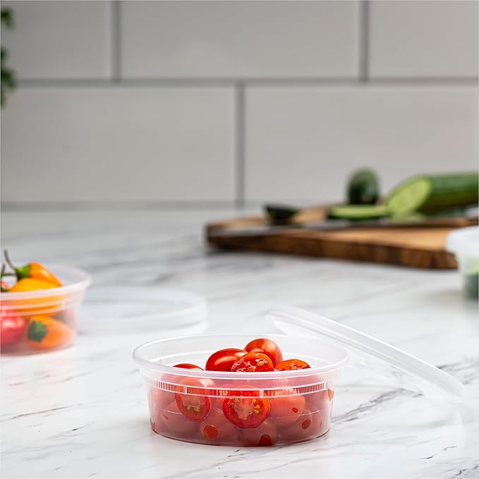 Deli Containers with Lids [48 Sets - 8 oz.] Small Plastic Soup Container - Disposable Deli Food / Slime Storage Containers with Airtight Lids for Freezer & Restaurant Takeout