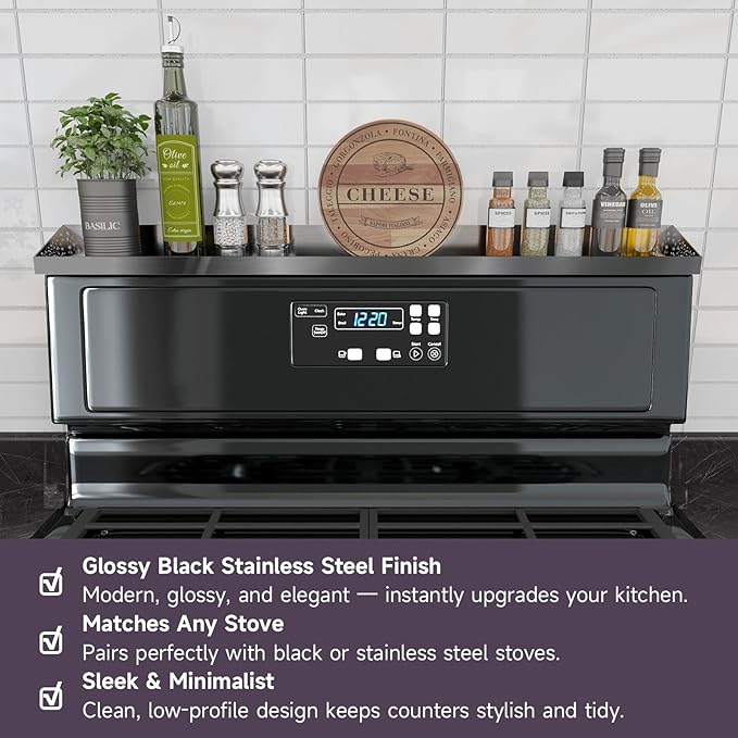 30" Magnetic Stove Top Shelf – Black Stainless Steel Spice Rack and Seasoning Organizer – Kitchen Shelf for Back of Stove – Over Stove Rack and Storage Organizer