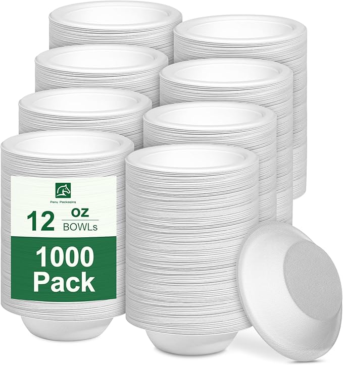 Paper Bowls 12oz, Disposable Bowls Heavy Duty, 1000-Pack 100% Compostable Disposable Soup Bowl, Biodegradable Bagasse Paper Bowls Bulk-White