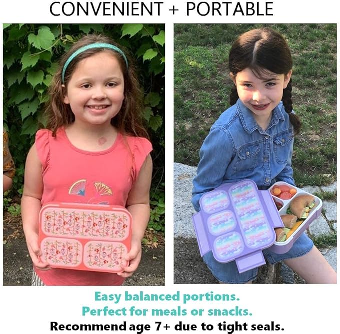 kinsho Bento-Box Lunch Box Kids Girls, Food and Snack Containers for Toddler Daycare, School Travel, Loncheras Para Ninas, Utensils Included (Purple Unicorn + Pink Flowers, 2 Pack)