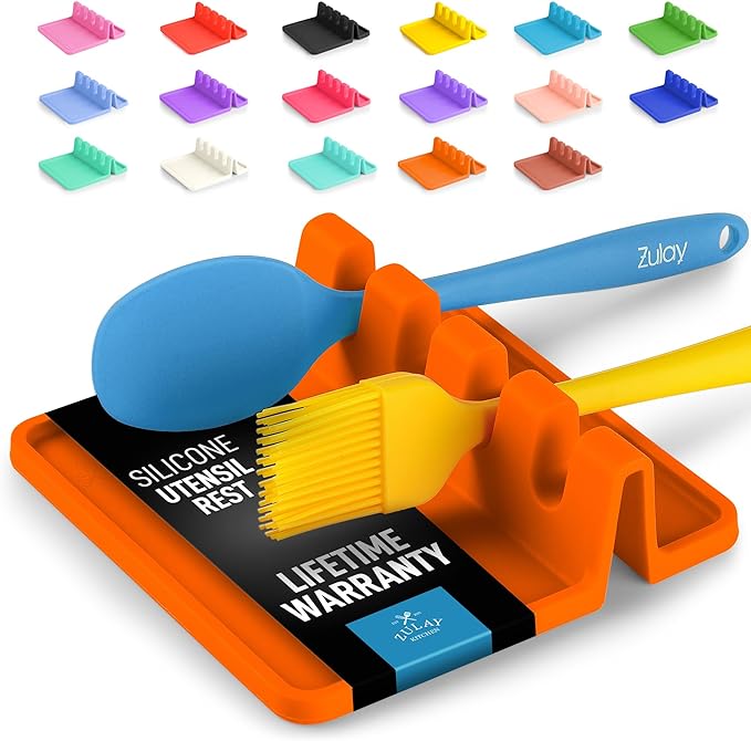 Zulay Kitchen Silicone Utensil Rest with Drip Pad for Multiple Utensils - BPA-Free, Heat-Resistant Spoon Rest & Spoon Holder for Stove Top - Kitchen Utensil Holder for Ladles & Tongs - Orange