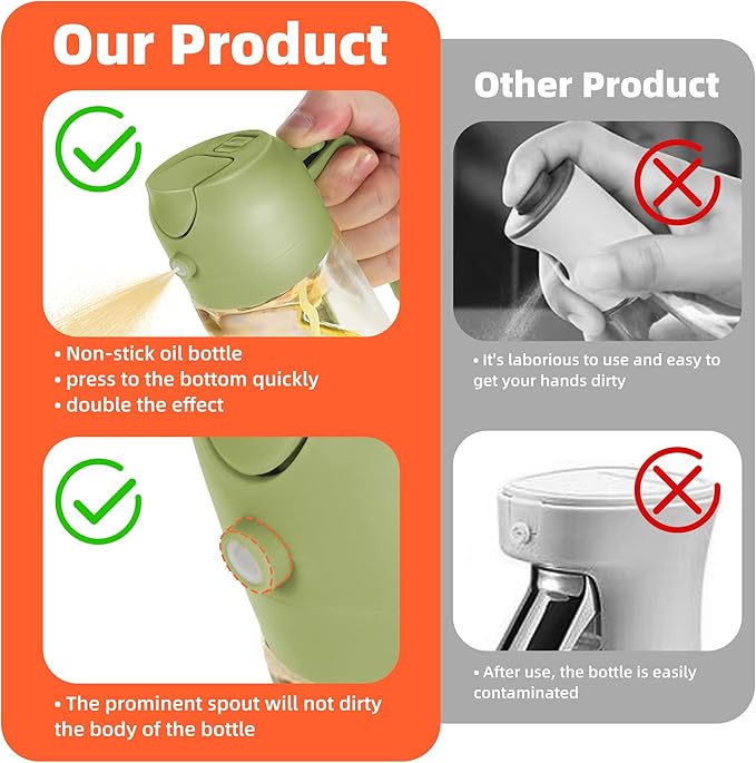 TrendPlain 16oz/470ml Glass Olive Oil Sprayer for Cooking – 2 in 1 Olive Oil Dispenser Bottle for Kitchen Gadgets and Air Fryer Accessories, Salad, BBQ - Green
