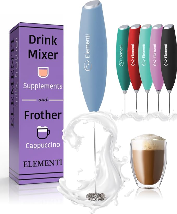 Elementi Milk Frother Wand - Powerful Hand Frother for Coffee - Handheld Electric Whisk, Milk Foamer, Mini Whisk & Coffee Blender for Frappe, Lattes, and Matcha (Pastel Blue)