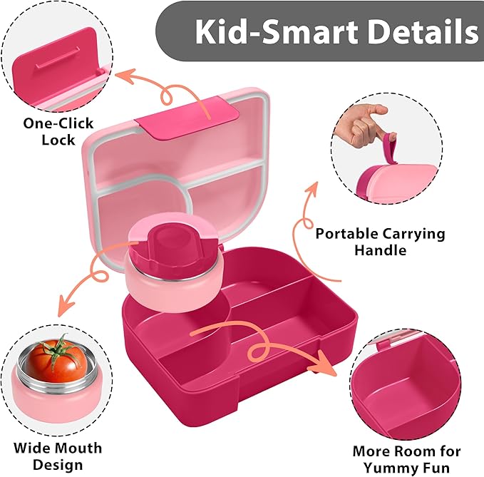 TinyPalsa Bento Box for Kids with 10oz Thermos, Durable Lunch Box with Leak Proof Insulated Food Jar, 3 Compartments with Portable Handle for Ages 3+, Dishwasher Safe, Ideal for School, Travel (Pink)