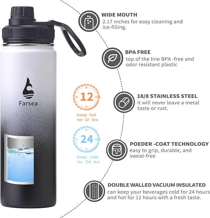Farsea Insulated Water Bottle With Paracord Handle, Protective Boot and 2 Lids (Straw Lid & Spout Lid), Stainless Steel Water Bottle Wide Mouth, Double Wall Sweat-Proof BPA-Free, 24 oz
